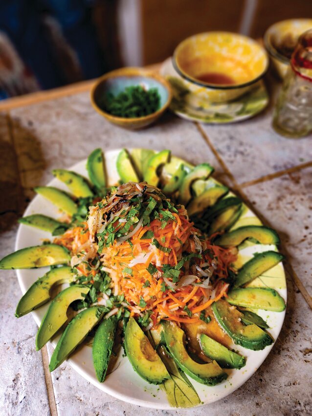 Faux Green Papaya Salad, embellished with avocado slices