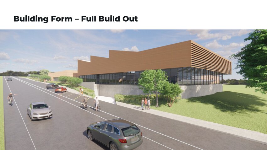 An architect's rendition of a bull-buildout design of a new city pool and recreation center.