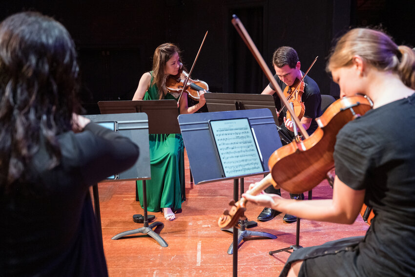 2022 Olympic Chamber Music Fellows (from left to right) Vicki Powell, YooJin Jang, Gregory Lewis, and Bethany Hargreaves in rehearsal.