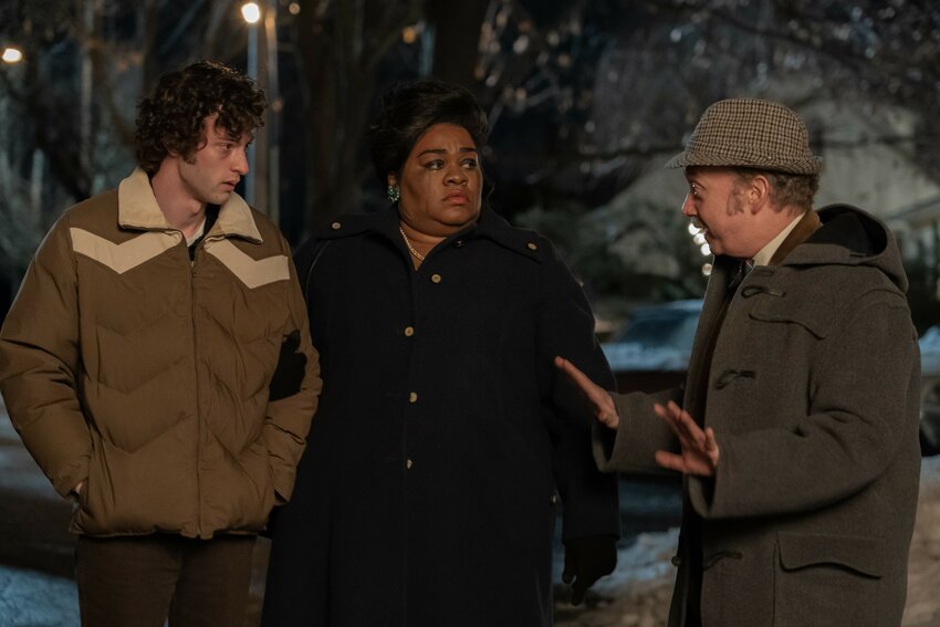 From left, Dominic Sessa, Da&rsquo;Vine Joy Randolph and Paul Giamatti weather an otherwise lonely holiday break together as &ldquo;The Holdovers,&rdquo; while Iman Vellani steals the show from Brie Larson and Teyonah Parris, as they work together to save several worlds as &ldquo;The Marvels.&rdquo; Courtesy photos