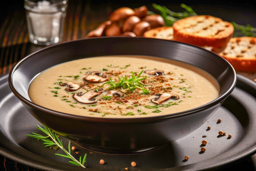 Mushroom Bisque, a smooth and velvety soup made with a variety of saut&eacute;ed mushrooms, aromatic herbs, and a touch of cream