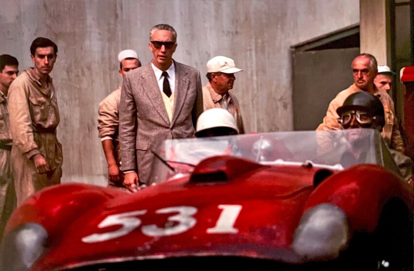 Adam Driver as Enzo Ferrari propels Michael Mann&rsquo;s &ldquo;Ferrari.&rdquo; Courtesy photo