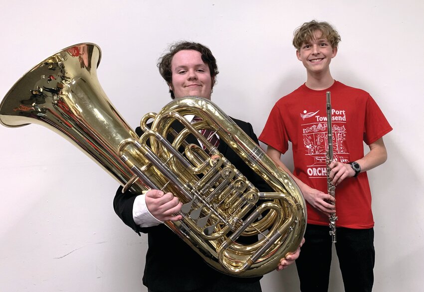 Port Townsend High School musicians Jack Cole on tuba and Indigo Gould on flute qualified for this year&rsquo;s Washington State Honor Wind Symphony. Photo courtesy of Kim Clarke