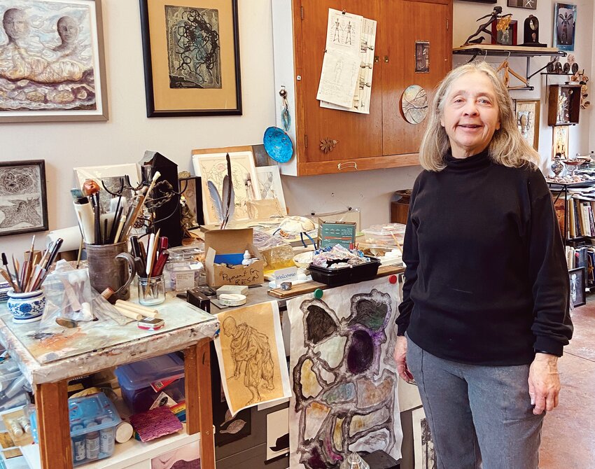 Artist Sandra Stowell inside her mixed-media studio in Port Townsend. All photos by Carolyn Lewis