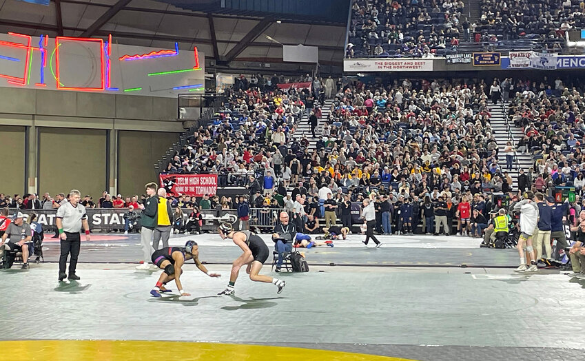 Manaseh Lanphear-Ramirez wrestling in the Tacoma Dome in front of thousands of fans, battling the eventual second-place winner Shea Stevenson of Royal. Photo by Ryan White