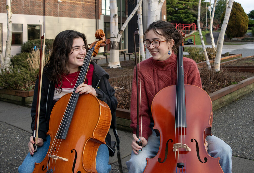 Port Townsend High School Orchestra cellists Zella Mack and Michael Gregg invite the community to enjoy musical performances by them and fellow orchestra students at venues throughout town during the month of March. Courtesy photo