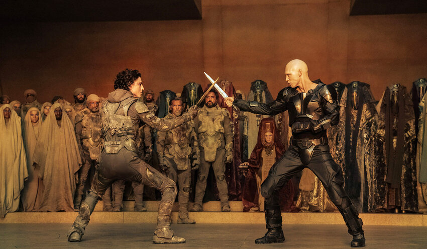 (L-r) TIMOTH&Eacute;E CHALAMET as Paul Atreides and AUSTIN BUTLER as Feyd-Rautha Harkonnen in Warner Bros. Pictures and Legendary Pictures&rsquo; action adventure &ldquo;DUNE: PART TWO,&rdquo; a Warner Bros. Pictures release.