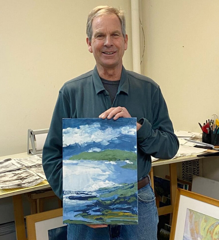 Scott Pascoe displays one of his Nihonga paintings in his studio above the Port Townsend Post Office. Photo by Carolyn Lewis