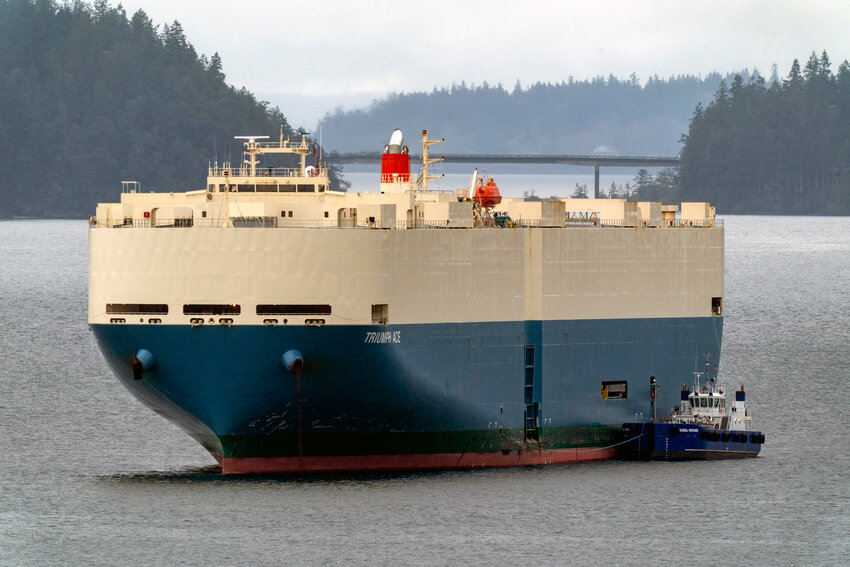 The Triumph Ace, a 656-foot vehicle carrier flagged in Panama, dwarfs the 121-foot, US flagged,&nbsp;Global Provider, a tanker from Seattle. The smaller vessel sits rafted to the larger ship anchored in the south end of Port Townsend Bay on Saturday.  Photo by Steve Mullensky/for The Leader