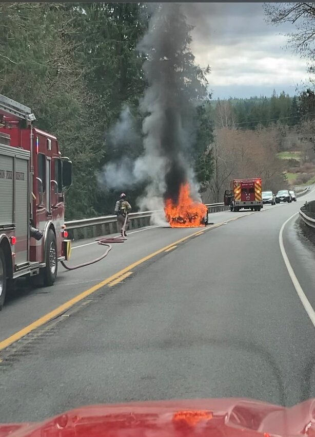 The aftermath of a vehicle catching fire near Milepost 7 on Highway 20 on March 20. Photos courtesy of Bret Black