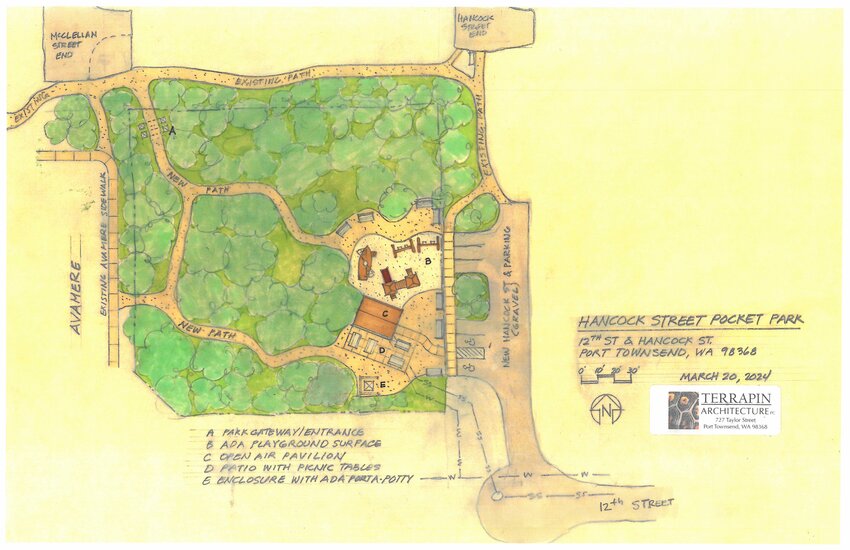 A conceptual drawing shows plans for a proposed pocket park on 12th Street and Hancock in Port Townsend. The park would feature a small playground, trails, a patio with picnic tables and an open-air pavilion.