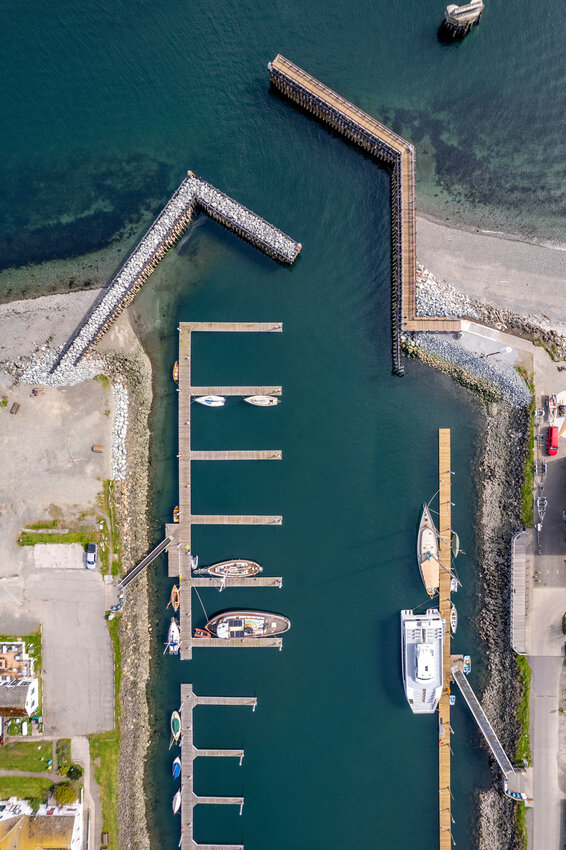 An aerial view of the $14.1 million breakwater and jetty replacement at Point Hudson in Port Townsend. The community is invited to celebrate the jetty&rsquo;s completion Wednesday, April 24.