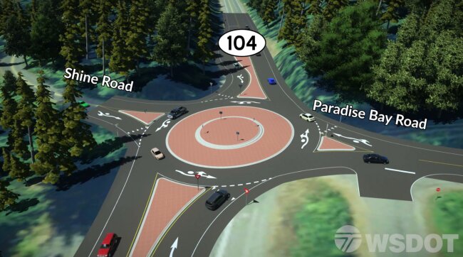 A design visual of what the intersection of SR 104/Shine Road-Paradise Bay will look like once the roundabout is complete.