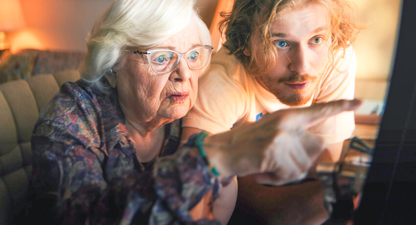 Thelma (June Squibb) and her grandson Danny (Fred Hechinger) navigate the internet together during the opening of Josh Margolin&rsquo;s &ldquo;Thelma.&rdquo;