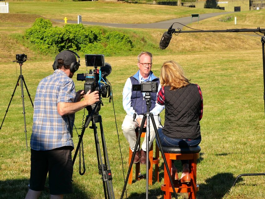 Centrum Executive Director Rob Birman is interviewed by the PBS “News Hour” team during its July 1-2 visit to Fort Worden State Park.
