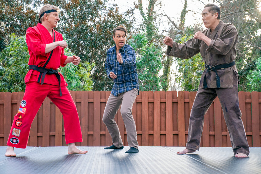 Karate senseis Johnny Lawrence (William Zabra), Daniel LaRusso (Ralph Macchio) and Chozen Toguchi (Yuji Okumoto) struggle to achieve balance in the sixth and final season of “Cobra Kai” on Netflix.