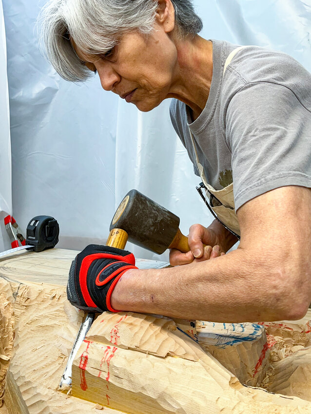 Sabiha Mujtaba, in her studio in Georgia, works on a current project in Tennessee. She&rsquo;s coming to teach a class at the Port Townsend School of Woodworking later this month.