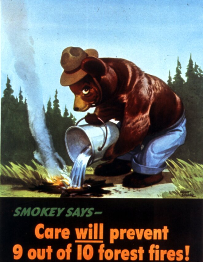 This painting, done shortly after Smokey Bear was chosen as the new face of the Forest Fire Prevention Program in 1945, has resonance after weeks that have included a wildfire near Brinnon and another brush fire that was quickly extinguished on Mill Road.