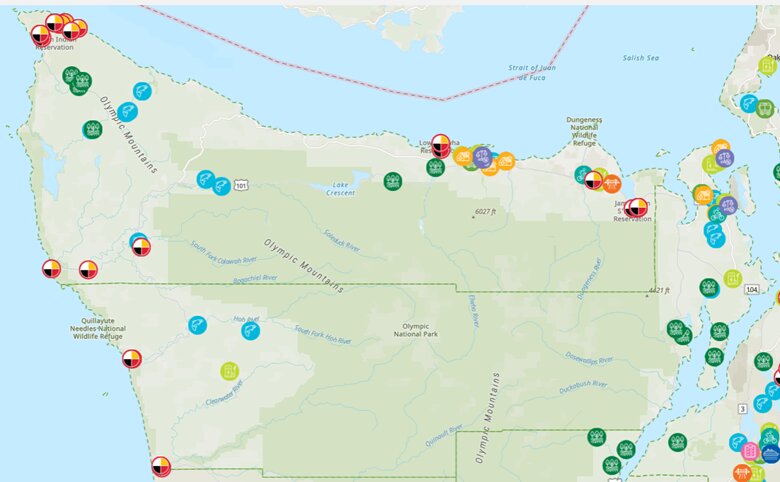 This map shows Washington’s Climate Commitment Act programs on the Olympic Peninsula. Symbols denote categories, including electric transportation, freight and facilities, roads and bridges, clean energy buildings, tribal projects, electric ferries, natural and working lands, fish habitat, etc., and may include multiple projects.