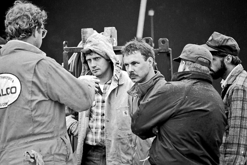 Daryl Wakefield, who built the 164-foot &ldquo;Evviva&rdquo; yacht in Port Townsend, grills a house mover who had been contracted to help launch the huge yacht down the beach at the Port of Port Townsend in 1993.