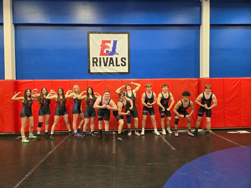 The members of the  East Jefferson Rivals wrestling team who have qualified for the Mat Classic state wrestling championships at the Tacoma Dome pose for photograph. The competition, which includes smaller school divisions, is this weekend, Feb. 20-22.