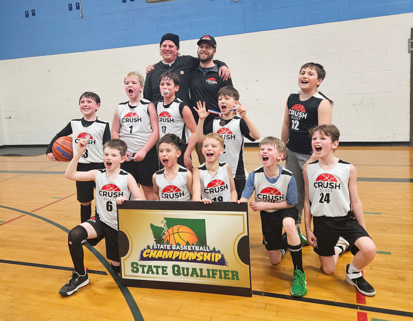 The Port Townsend Crush Select 10U basketball team is on its way to the state basketball tournament in Spokane, which is set for March 14-16. The traveling youth team took the championship title at the Port Angeles Presidents Day Tournament the weekend of Feb. 14-15, with a 28-20 victory over Port Angeles White. Two Crush teams participated in the event. Pictured from left to right are coaches Ryan Riggle and Jake Fulton, in the top row, Wyatt Kilmer, KJ Brown, Nash Fountain, Rylan Rogers and Connor Ryan in the middle row, and Conner Thacker, Jionni Escalara, Hunter Fulton, Ryker Hansen and Evan Davis in the front row.