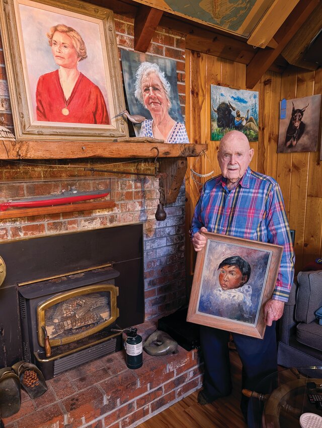 Branan Ward continues to paint from photographs in the kitchen of his home in Marrowstone Island. His subjects have included his grandmother, a friend’s wife and a boy he met in Greenland in 1949.