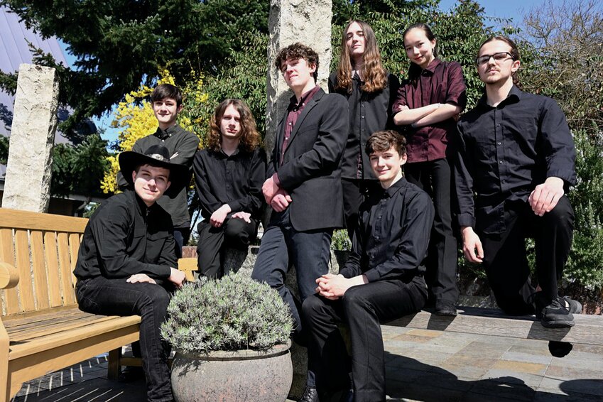 Senior Division participants Mikhail Groth on tenor saxophone, Kai Anderson on violin, Oliver Banks on piano, Xavier Cooper on violin, Steven Woolbright on snare drum, Chase Gardner on cello, Amidah Soong on violin and Hayden Montgomery on percussion. Not pictured are Marie Morgensen on violin, Fiona Skidmore on viola, Leah Ferland on violin, C.J. Fisher on French horn and Isabella Ferland on string bass.
