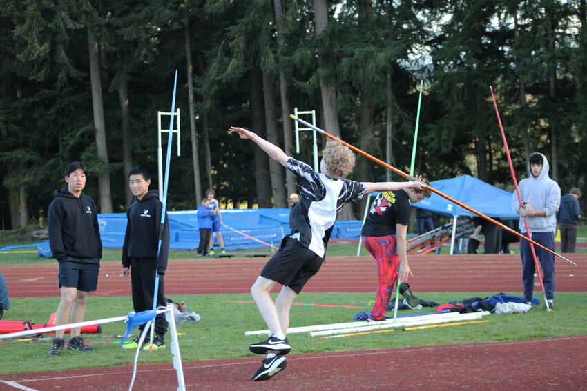 Sophomore Trevor Barry in the run up to his 79-05 javelin throw, good for 22nd place.