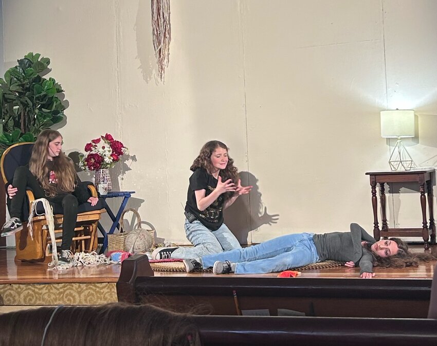 Agnes Ruth, Molly Yanoff-Odell and Miriam Brown rehearse &ldquo;The Absolutely Insidious and Utterly Terrifying Truth About Cat Hair&rdquo; for the &ldquo;Wacky Wednesday Theatre Group.&rdquo;