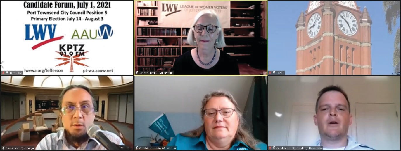 Janette Force, moderator of the LWV and AAUW candidates forum for Port Townsend City Council candidates for Position 5 is shown at top; on the bottom row, candidates Tyler Myles Vega, Libby Urner Wennstrom and Sky Hardesty-Thompson.