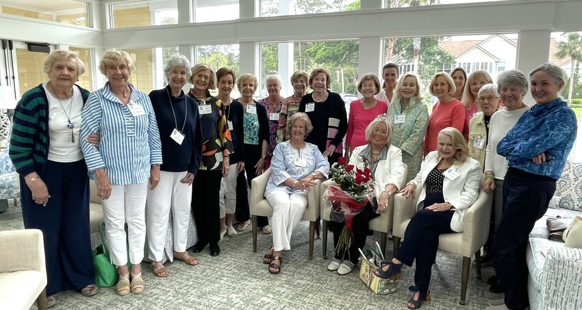 Pictured from left, Janet Wilson, Pat Winters, Dee Humphries, Judi Branch, Janice Machin, Gayle Banks, Laura Todd Haney, Mary Kirk, Jacquelyn Bates, Donna Hefner, Liz Moore, Corinne Martin, Janet Lithgow, Gretchen Alter, Janice Hayden, Betty Lemons, Judy Flynn and Pam Korchun. Front row, sitting: Nancy Robbins, president; Bunny O’Neill, speaker; and Henrietta Herzog, hostess.