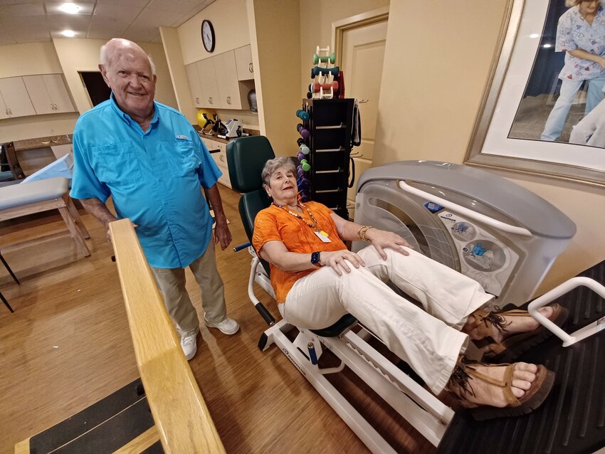 Residents Guy Fraley and Pearl Levin make use of the exercise room at The Palms at Ponte Vedra.