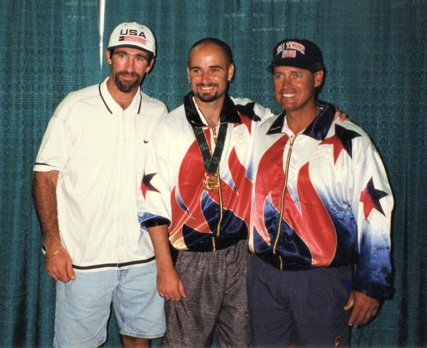 On the occasion of Andre Agassi&rsquo;s winning a gold medal at the 1996 Olympic Games. Pictured from left are Agassi&rsquo;s coach, Brad Gilbert, Agassi and Tom Gullikson.