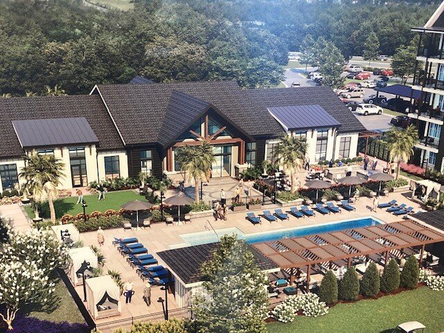 An artist rendering of the pool and clubhouse area of Rise.