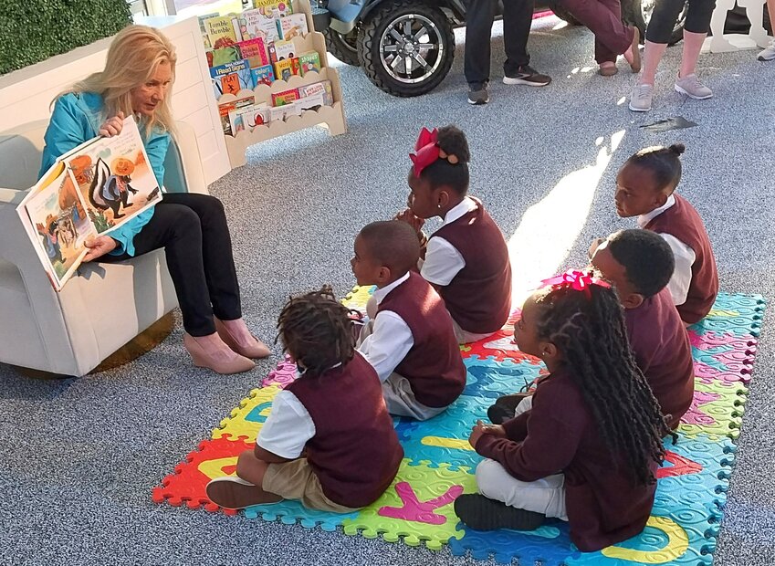 Jacksonville Mayor Donna Deegan reads &ldquo;Who Took the Cookies from the Cookie Jar?&rdquo; by Bonnie Lass and Philemon Sturges while children from the Becoming Collegiate Academy listen.