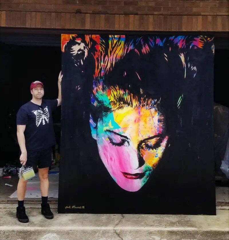 Artist Jack Graves III with a recent work, &ldquo;Lee Miller Icon II (Man Ray).&rdquo; The original acrylic painting on canvas measures 8 by 7 feet.