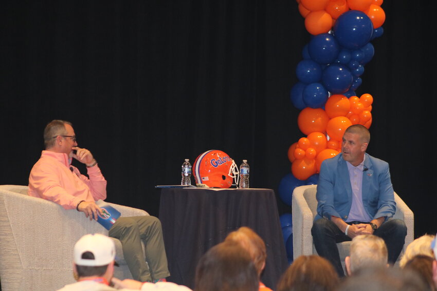 Florida football head coach Billy Napier (right) speaks on stage during the Gators Caravan stop at the Sawgrass Marriott Golf Resort &amp; Spa in Ponte Vedra Beach on May 13.