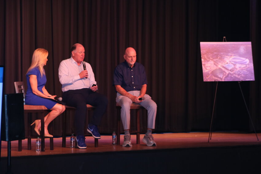 Jacksonville mayor Donna Deegan, Jaguars president Mark Lamping and city representative Mike Weinstein spoke during a community huddle at Fletcher High School on May 20.