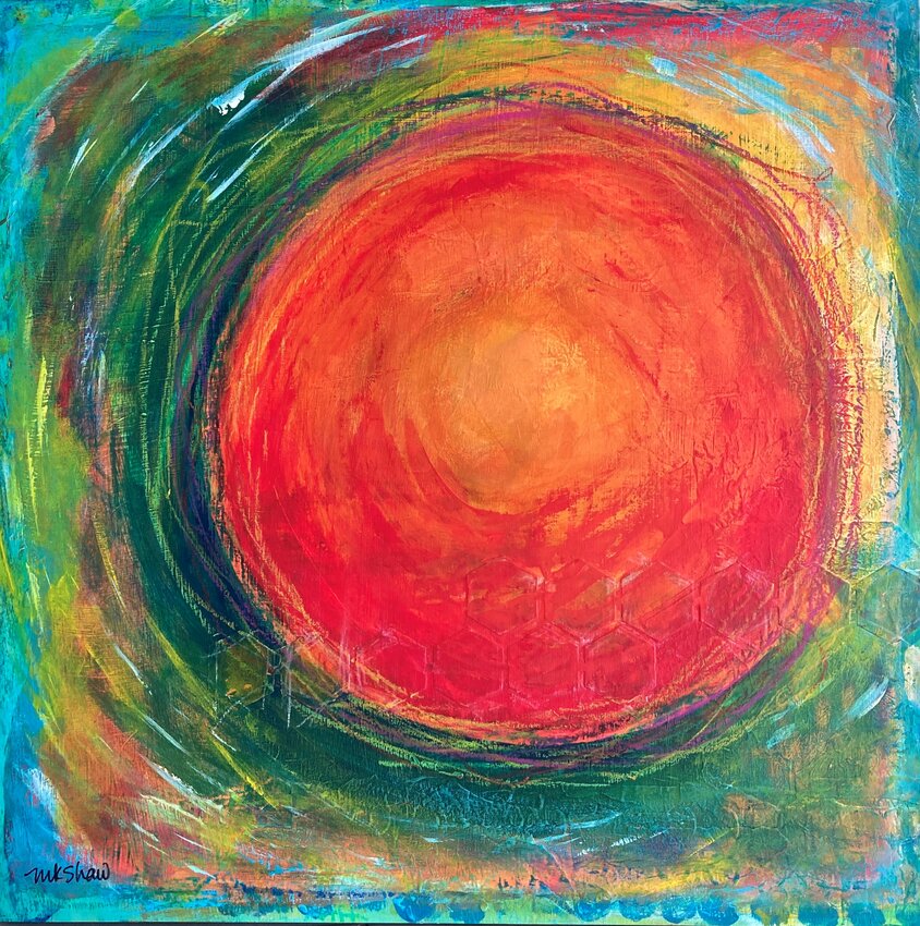 &ldquo;Fiery Sun,&rdquo; 20-by-20 inches, mixed media on wood panel