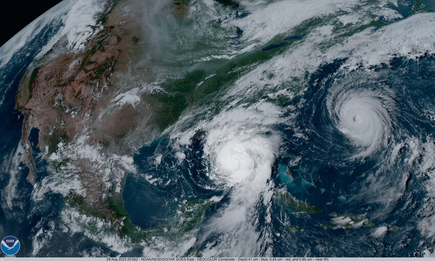 NOAA's GOES-16 satellite captured Hurricane Idalia approaching the western coast of Florida while Hurricane Franklin churned in the Atlantic Ocean at 5:01 p.m. Aug. 29, 2023.