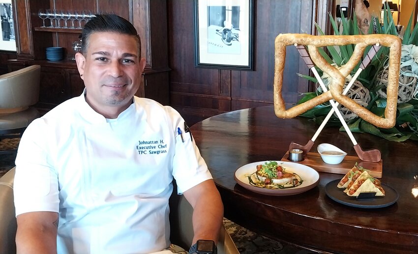 TPC Sawgrass Executive Chef Johnattan Hernandez with three of his favorite dishes: the TPC Pretzel with roasted poblano cheese dip, pan-seared swordfish with chickpea puree and chistorra succotash and ahi tuna poke tacos.