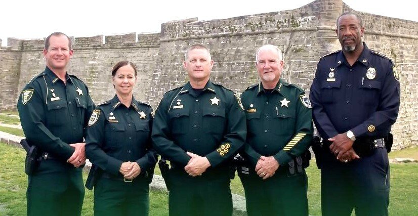 Putman County Sheriff H.D. “Gator” DeLoach, Clay County Sheriff Michelle Cook, St. Johns County Sheriff Rob Hardwick, Flagler County Sheriff Rick Staly and Jacksonville Sheriff TK Waters are seen in front of the Castillo San Marcos in St. Augustine. Hardwick has received the endorsement of the other four Northeast Florida sheriffs for his re-election.