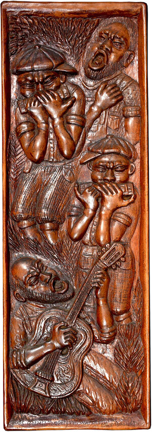 Daniel Pressley, “Wait At The Water,” ca. 1960s, carved wood bas relief, 36 x 12 1/4 x 1, Gordon W. Bailey Collection.
