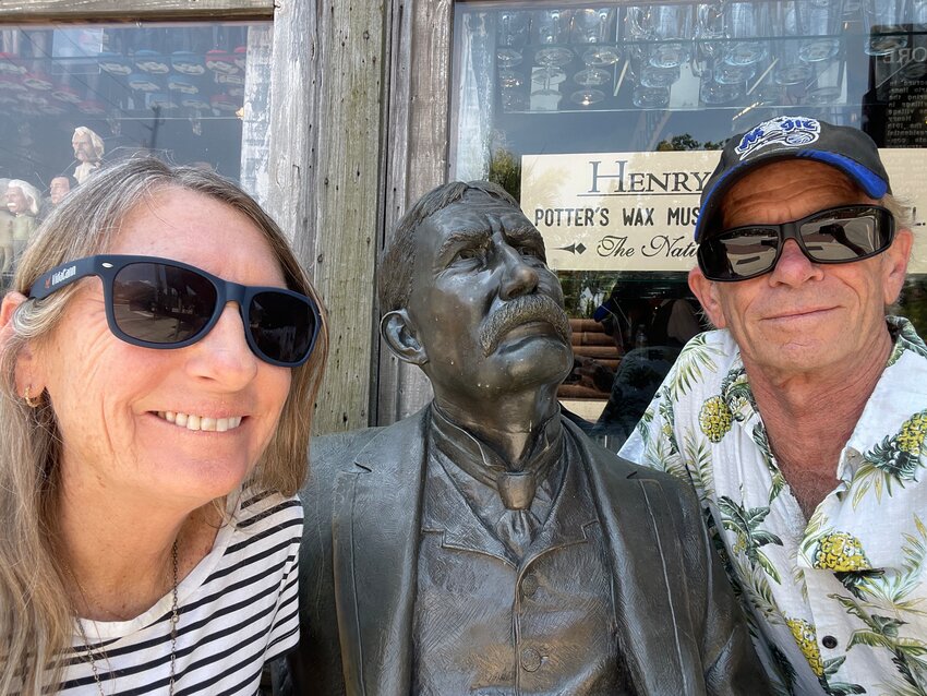 Elizabeth and Bob Randall visit &ldquo;Henry Flagler&rdquo; outside Potter&rsquo;s Wax Museum.