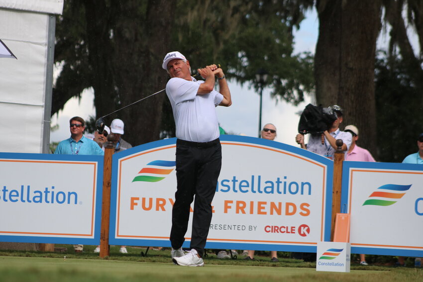 Fred Couples hits a tee shot at the 2024 Furyk & Friends.