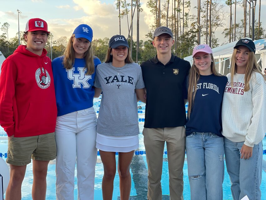 Members of the Ponte Vedra High, Nease High and Beachside High swim teams signed to swim at the college level during a ceremony at Planet Swim where they each train.