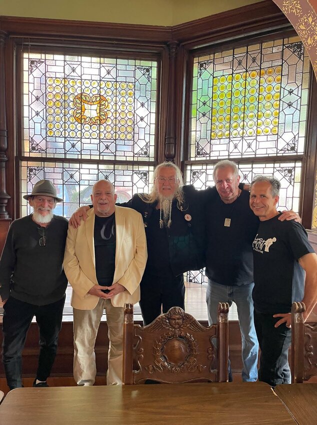 Five beat poet laureates at 2024 PoetFest, from left, Chris Vannoy, George Wallace, Ron Whitehead, Larry Jaffe and Chris Bodor.