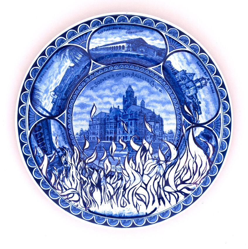 Cumbrian Blue(s), New American Scenery, “California Wildfires” No:5, 2024. Transfer print on partially erased Beauty Spots of California transferware souvenir plate made in Staffordshire England c.1910 for Rowland Marsellus (importer)