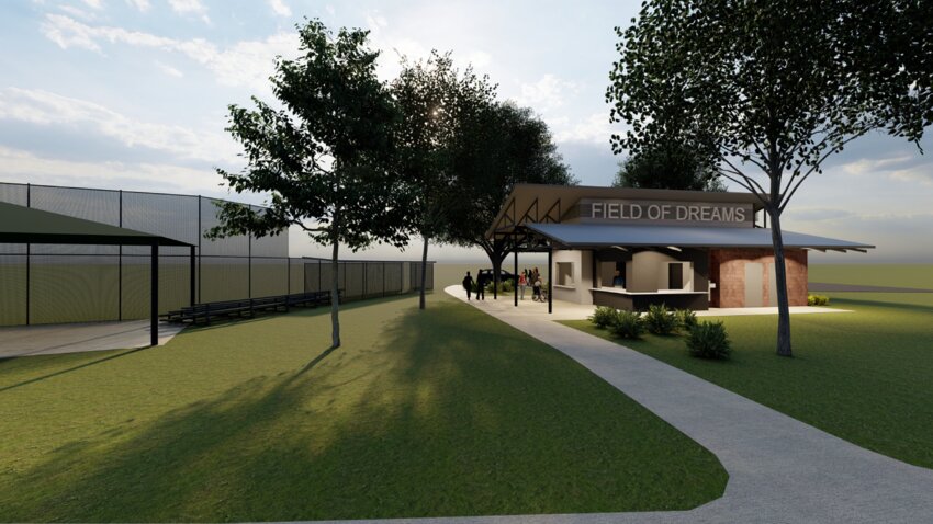 An artist’s rendering depicts the planned Field of Dreams Baseball concession and restroom building.